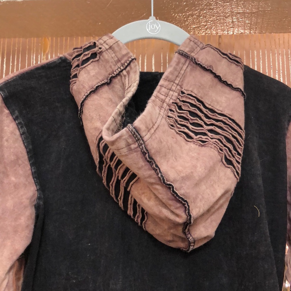Rising International Boho Hoodie Jacket Coat Brown w Teal Purple Orange Cutouts - Picture 11 of 12